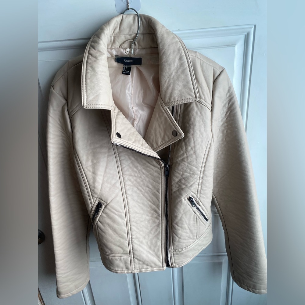 Cream coloured vegan leather moto jacket